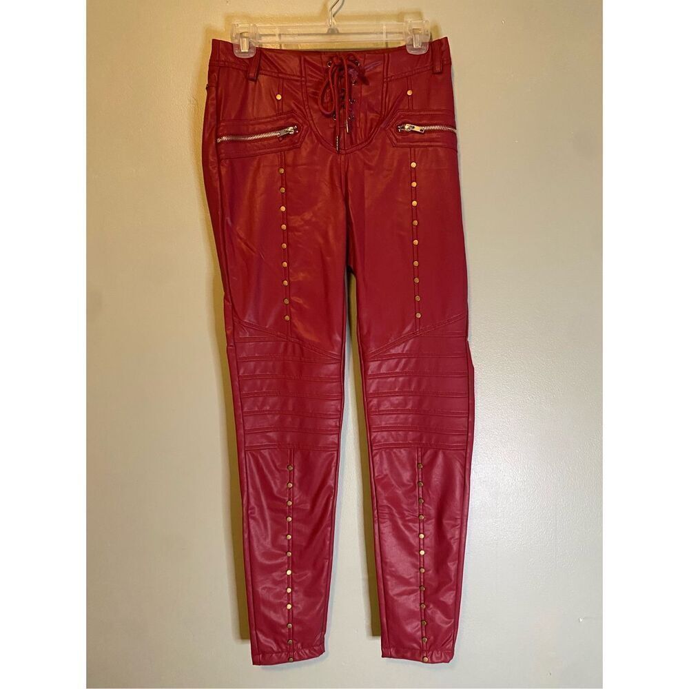 Boutique Red Maroon Studed Tie Closure Zip Pockets Punk Rock Skinny Pants M